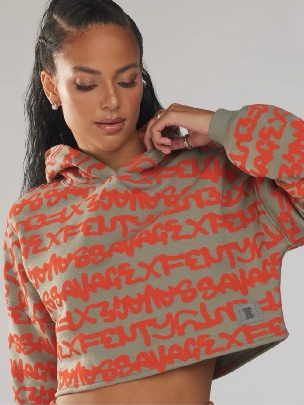 Savage X Fenty Grey Tan Cropped Hoodie with Coral All Over Script S